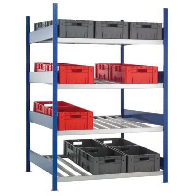 Grundregal, Bereitstellregal 2000 x 1300 x 1300 mm (HxBxT), RAL 5010 enzianblau/verzinkt, 4 Ebenen mit Röllchenleisten für Behälter und Kästen