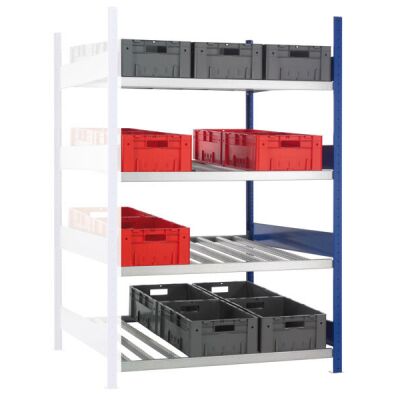 Anbauregal, Bereitstellregal 2000 x 1300 x 1300 mm (HxBxT), RAL 5010 enzianblau/verzinkt, 4 Ebenen mit Röllchenleisten für Behälter und Kästen