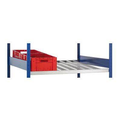 Zusatzebene für Bereitstellregal, 1300 x 1300, mit Röllchenleisten für Behälter und Kästen, verzinkt