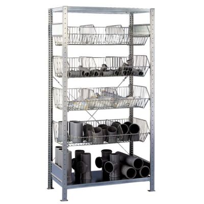 Grundregal, Drahtgitterkorbregal MULTIplus150, 2000 x 1000 x 500 mm (HxBxT), verzinkt, 2 Fachböden, 4 Stück Drahtgitterkörbe