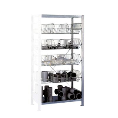 Anbauregal, Drahtgitterkorbregal MULTIplus150, 2000 x 1000 x 500 mm (HxBxT), verzinkt, 2 Fachböden, 4 Stück Drahtgitterkörbe