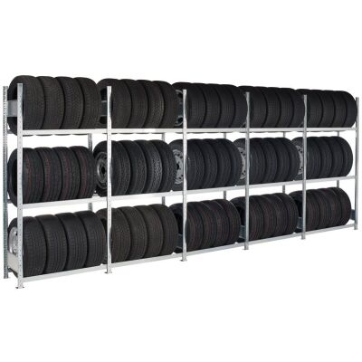 Container-Regalset für 20-Container, 2000 x 5684 x 400 mm (HxBxT), verzinkt, 8 Felder á 1.150 mm (HxBxT) mit je 3 Reifenebenen, 2 Felder á 1.000 mm (HxBxT) mit je 3 Reifenebenen