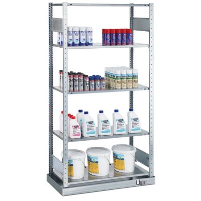 Grundregal, Kleingebinderegal MULTIplus150, 2000 x 1000 x 500 mm (HxBxT), verzinkt, mit Auffangwanne (Volumen: 36 Liter) und 5 Fachböden