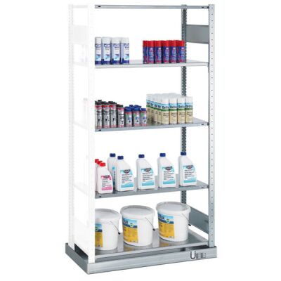 Anbauregal, Kleingebinderegal MULTIplus150, 2000 x 1000 x 500 mm (HxBxT), verzinkt, mit Auffangwanne (Volumen: 33 Liter) und 5 Fachböden