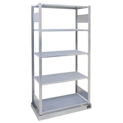Grundregal, Kleingebinderegal, 2000 x 1000 x 500 mm (HxBxT), verzinkt, mit Auffangwanne (Volumen: 36 Liter) und 4 Gitterrostböden