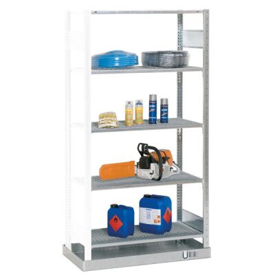 Anbauregal, Kleingebinderegal, 2000 x 1000 x 500 mm (HxBxT), verzinkt, mit Auffangwanne (Volumen: 33 Liter) und 4 Gitterrostböden