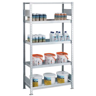Grundregal, Wannenbodenregal MULTIplus150, 2000 x 1000 x 500 mm (HxBxT), verzinkt, 4 Wannenböden (Volumen: 18 Liter), 1 Fachboden