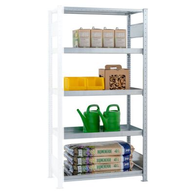 Anbauregal, Wannenbodenregal MULTIplus150, 2000 x 1000 x 500 mm (HxBxT), verzinkt, 4 Wannenböden (Volumen: 18 Liter), 1 Fachboden