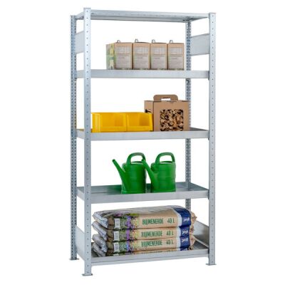 Grundregal, Wannenbodenregal MULTIplus150, 2000 x 1000 x 600 mm (HxBxT), verzinkt, 4 Wannenböden (Volumen: 22 Liter), 1 Fachboden