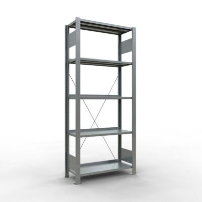 Grundregal, Büro-Fachbodenregal Stecksystem MULTIplus85, 1800 x 750 x 300 mm (HxBxT), 5 Fachböden, Kreuzstrebe, verzinkt, mit Anschlagleiste