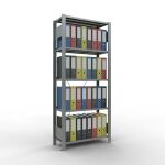 Grundregal, Büro-Fachbodenregal Stecksystem MULTIplus85, 1800 x 750 x 300 mm (HxBxT), 5 Fachböden, Kreuzstrebe, verzinkt, mit Anschlagleiste