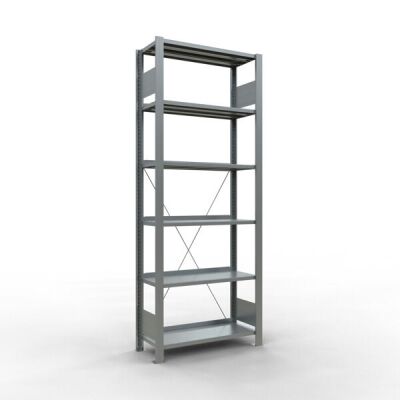 Grundregal, Büro-Fachbodenregal Stecksystem MULTIplus85, 2000 x 750 x 300 mm (HxBxT), 6 Fachböden, Kreuzstrebe, verzinkt, mit Anschlagleiste