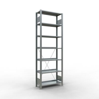 Grundregal, Büro-Fachbodenregal Stecksystem MULTIplus85, 2300 x 750 x 300 mm (HxBxT), 7 Fachböden, Kreuzstrebe, verzinkt, mit Anschlagleiste