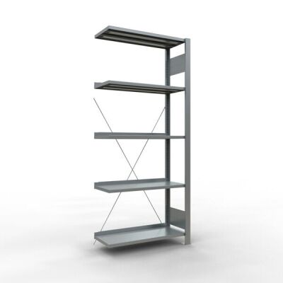 Anbauregal, Büro-Fachbodenregal Stecksystem MULTIplus85, 1800 x 750 x 300 mm (HxBxT), 5 Fachböden, Kreuzstrebe, verzinkt, mit Anschlagleiste