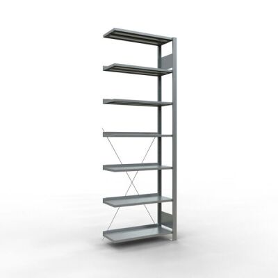 Anbauregal, Büro-Fachbodenregal Stecksystem MULTIplus85, 2300 x 750 x 300 mm (HxBxT), 7 Fachböden, Kreuzstrebe, verzinkt, mit Anschlagleiste