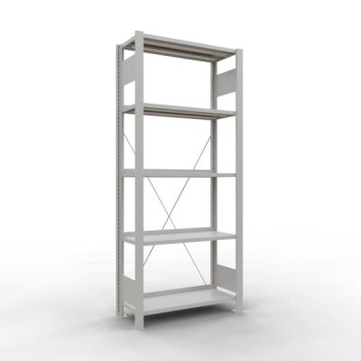Grundregal, Büro-Fachbodenregal Stecksystem MULTIplus85, 1800 x 750 x 300 mm (HxBxT), 5 Fachböden, Kreuzstrebe, RAL 7035 lichtgrau, mit Anschlagleiste