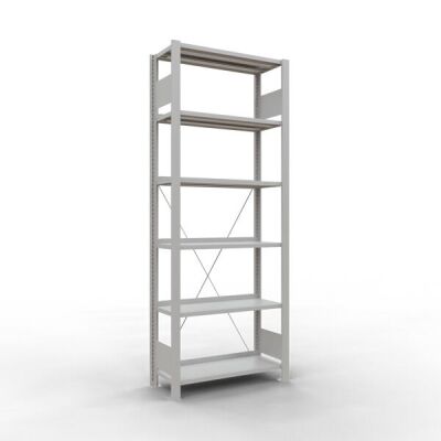 Grundregal, Büro-Fachbodenregal Stecksystem MULTIplus85, 2000 x 750 x 300 mm (HxBxT), 6 Fachböden, Kreuzstrebe, RAL 7035 lichtgrau, mit Anschlagleiste