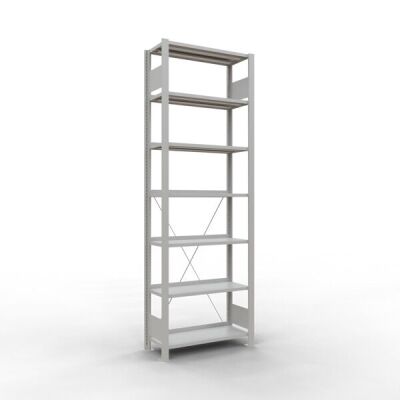 Grundregal, Büro-Fachbodenregal Stecksystem MULTIplus85, 2300 x 750 x 300 mm (HxBxT), 7 Fachböden, Kreuzstrebe, RAL 7035 lichtgrau, mit Anschlagleiste