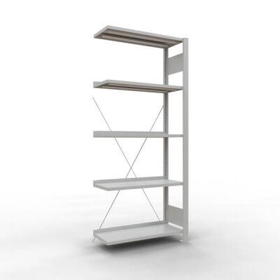Anbauregal, Büro-Fachbodenregal Stecksystem MULTIplus85, 1800 x 750 x 300 mm (HxBxT), 5 Fachböden, Kreuzstrebe, RAL 7035 lichtgrau, mit Anschlagleiste