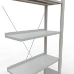 Anbauregal, Büro-Fachbodenregal Stecksystem MULTIplus85, 1800 x 750 x 300 mm (HxBxT), 5 Fachböden, Kreuzstrebe, RAL 7035 lichtgrau, mit Anschlagleiste