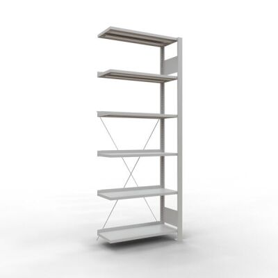 Anbauregal, Büro-Fachbodenregal Stecksystem MULTIplus85, 2000 x 750 x 300 mm (HxBxT), 6 Fachböden, Kreuzstrebe, RAL 7035 lichtgrau, mit Anschlagleiste