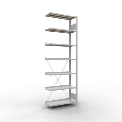 Anbauregal, Büro-Fachbodenregal Stecksystem MULTIplus85, 2300 x 750 x 300 mm (HxBxT), 7 Fachböden, Kreuzstrebe, RAL 7035 lichtgrau, mit Anschlagleiste