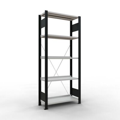 Grundregal, Büro-Fachbodenregal Stecksystem MULTIplus85, 1800 x 750 x 300 mm (HxBxT), 5 Fachböden, Kreuzstrebe, schwarz/RAL 7035 lichtgrau, mit Anschlagleiste