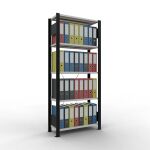 Grundregal, Büro-Fachbodenregal Stecksystem MULTIplus85, 1800 x 750 x 300 mm (HxBxT), 5 Fachböden, Kreuzstrebe, schwarz/RAL 7035 lichtgrau, mit Anschlagleiste