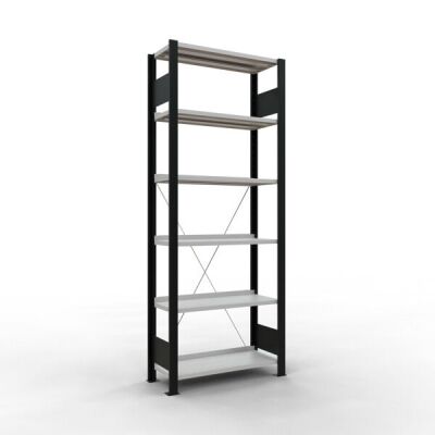 Grundregal, Büro-Fachbodenregal Stecksystem MULTIplus85, 2000 x 750 x 300 mm (HxBxT), 6 Fachböden, Kreuzstrebe, schwarz/RAL 7035 lichtgrau, mit Anschlagleiste