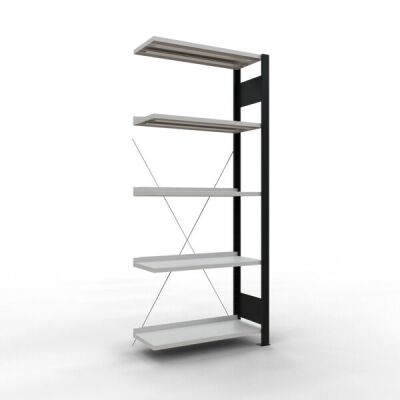 Anbauregal, Büro-Fachbodenregal Stecksystem MULTIplus85, 1800 x 750 x 300 mm (HxBxT), 5 Fachböden, Kreuzstrebe, schwarz/RAL 7035 lichtgrau, mit Anschlagleiste