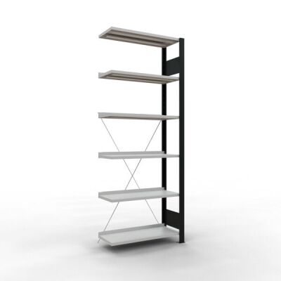 Anbauregal, Büro-Fachbodenregal Stecksystem MULTIplus85, 2000 x 750 x 300 mm (HxBxT), 6 Fachböden, Kreuzstrebe, schwarz/RAL 7035 lichtgrau, mit Anschlagleiste