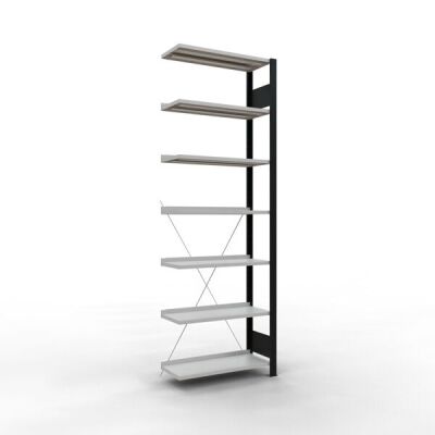 Anbauregal, Büro-Fachbodenregal Stecksystem MULTIplus85, 2300 x 750 x 300 mm (HxBxT), 7 Fachböden, Kreuzstrebe, schwarz/RAL 7035 lichtgrau, mit Anschlagleiste
