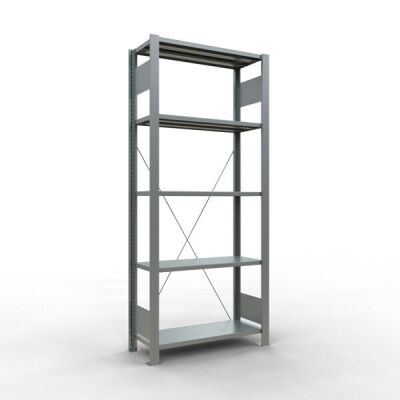 Grundregal, Büro-Fachbodenregal Stecksystem MULTIplus85, 1800 x 750 x 300 mm (HxBxT), 5 Fachböden, Kreuzstrebe, verzinkt, ohne Anschlagleiste