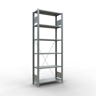 Grundregal, Büro-Fachbodenregal Stecksystem MULTIplus85, 2000 x 750 x 300 mm (HxBxT), 6 Fachböden, Kreuzstrebe, verzinkt, ohne Anschlagleiste