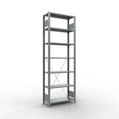 Grundregal, Büro-Fachbodenregal Stecksystem MULTIplus85, 2300 x 750 x 300 mm (HxBxT), 7 Fachböden, Kreuzstrebe, verzinkt, ohne Anschlagleiste