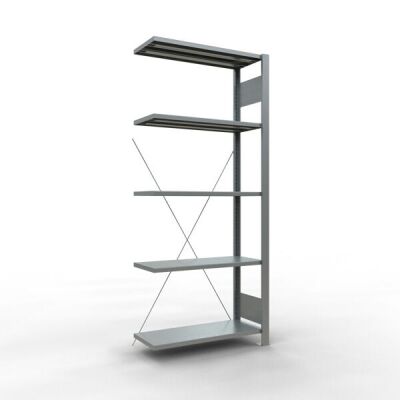 Anbauregal, Büro-Fachbodenregal Stecksystem MULTIplus85, 1800 x 750 x 300 mm (HxBxT), 5 Fachböden, Kreuzstrebe, verzinkt, ohne Anschlagleiste
