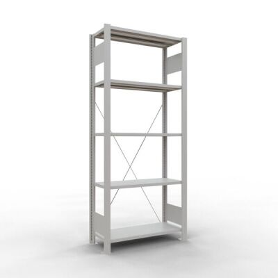 Grundregal, Büro-Fachbodenregal Stecksystem MULTIplus85, 1800 x 750 x 300 mm (HxBxT), 5 Fachböden, Kreuzstrebe, RAL 7035 lichtgrau, ohne Anschlagleiste