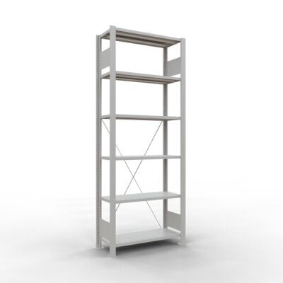 Grundregal, Büro-Fachbodenregal Stecksystem MULTIplus85, 2000 x 750 x 300 mm (HxBxT), 6 Fachböden, Kreuzstrebe, RAL 7035 lichtgrau, ohne Anschlagleiste