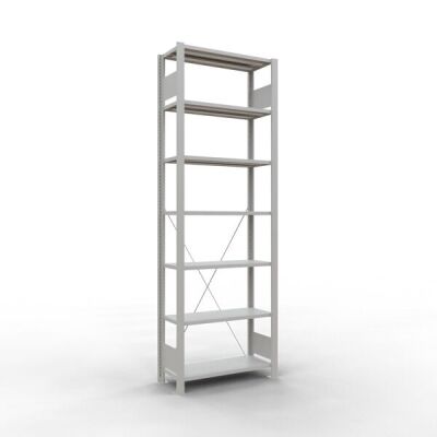 Grundregal, Büro-Fachbodenregal Stecksystem MULTIplus85, 2300 x 750 x 300 mm (HxBxT), 7 Fachböden, Kreuzstrebe, RAL 7035 lichtgrau, ohne Anschlagleiste