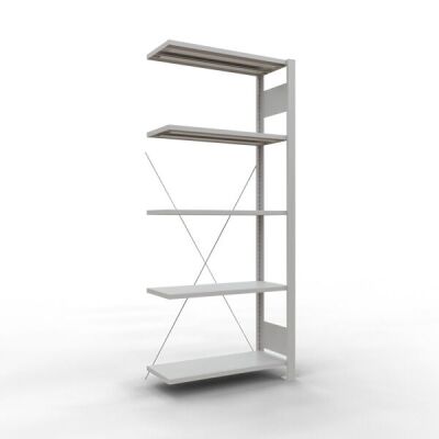 Anbauregal, Büro-Fachbodenregal Stecksystem MULTIplus85, 1800 x 750 x 300 mm (HxBxT), 5 Fachböden, Kreuzstrebe, RAL 7035 lichtgrau, ohne Anschlagleiste