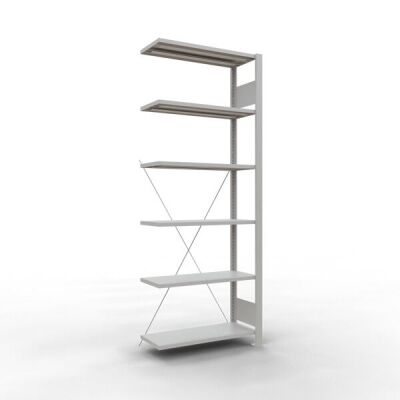 Anbauregal, Büro-Fachbodenregal Stecksystem MULTIplus85, 2000 x 750 x 300 mm (HxBxT), 6 Fachböden, Kreuzstrebe, RAL 7035 lichtgrau, ohne Anschlagleiste