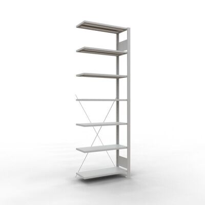 Anbauregal, Büro-Fachbodenregal Stecksystem MULTIplus85, 2300 x 750 x 300 mm (HxBxT), 7 Fachböden, Kreuzstrebe, RAL 7035 lichtgrau, ohne Anschlagleiste