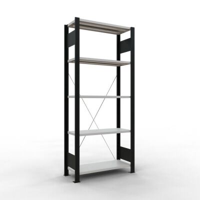 Grundregal, Büro-Fachbodenregal Stecksystem MULTIplus85, 1800 x 750 x 300 mm (HxBxT), 5 Fachböden, Kreuzstrebe, schwarz/RAL 7035 lichtgrau, ohne Anschlagleiste
