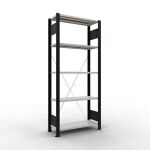 Grundregal, Büro-Fachbodenregal Stecksystem MULTIplus85, 1800 x 750 x 300 mm (HxBxT), 5 Fachböden, Kreuzstrebe, schwarz/RAL 7035 lichtgrau, ohne Anschlagleiste