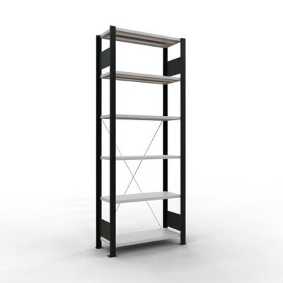 Grundregal, Büro-Fachbodenregal Stecksystem MULTIplus85, 2000 x 750 x 300 mm (HxBxT), 6 Fachböden, Kreuzstrebe, schwarz/RAL 7035 lichtgrau, ohne Anschlagleiste