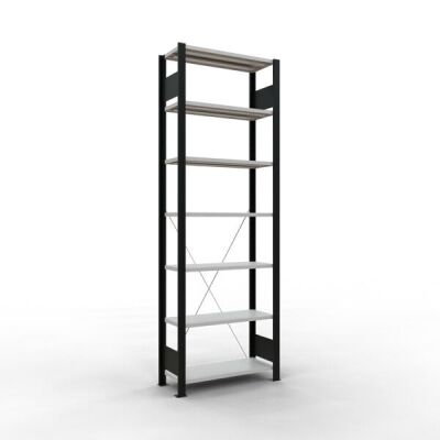 Grundregal, Büro-Fachbodenregal Stecksystem MULTIplus85, 2300 x 750 x 300 mm (HxBxT), 7 Fachböden, Kreuzstrebe, schwarz/RAL 7035 lichtgrau, ohne Anschlagleiste