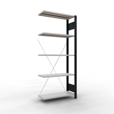 Anbauregal, Büro-Fachbodenregal Stecksystem MULTIplus85, 1800 x 750 x 300 mm (HxBxT), 5 Fachböden, Kreuzstrebe, schwarz/RAL 7035 lichtgrau, ohne Anschlagleiste