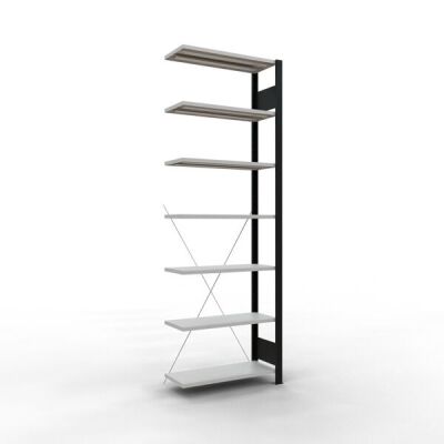 Anbauregal, Büro-Fachbodenregal Stecksystem MULTIplus85, 2300 x 750 x 300 mm (HxBxT), 7 Fachböden, Kreuzstrebe, schwarz/RAL 7035 lichtgrau, ohne Anschlagleiste