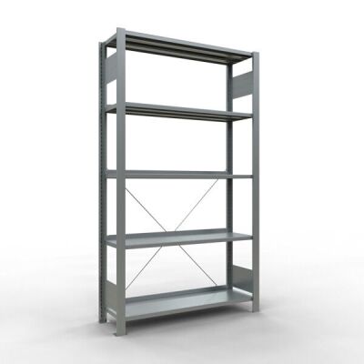 Grundregal, Büro-Fachbodenregal Stecksystem MULTIplus85, 1800 x 1000 x 300 mm (HxBxT), 5 Fachböden, Kreuzstrebe, verzinkt, mit Anschlagleiste
