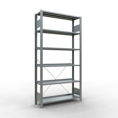 GR, Büro-Steckregal MULTIplus85, 2000 x 1000 x 300 mm, 6 Fachböden, Kreuzstrebe, verzinkt, mit Anschlagleiste